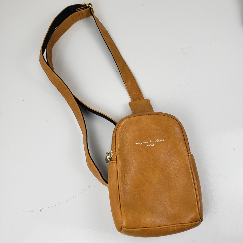 INICAT Tan Vegan Leather Small Crossbody Sling Bag Gold Hardware Chest Pack